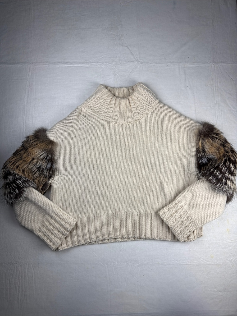 Sally LaPointe Cream Turtleneck Sweater Fox Fur Accents Fall/Winter 2016 XS/S